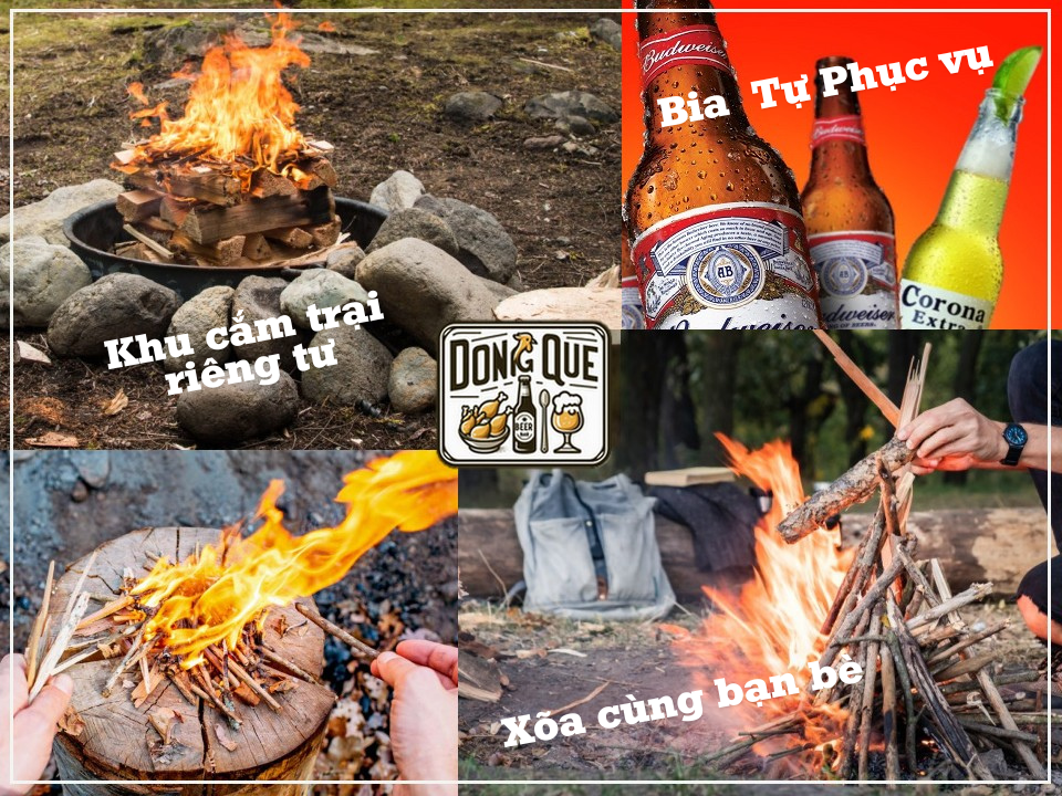 Bia tự phục vụ, đá lạnh, dụng cụ lửa trại,...